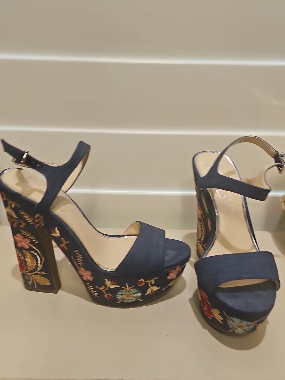 Jessica Simpson Navy Embroidered Platform Sandals - Picture 1 of 3